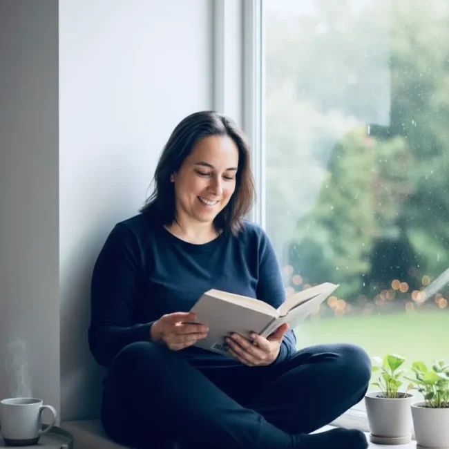 Mujer sentada en una ventana, leyendo un libro y sonriendo, rodeada de plantas en macetas y una taza de café. La escena transmite calma y disfrute de la lectura en un ambiente acogedor.