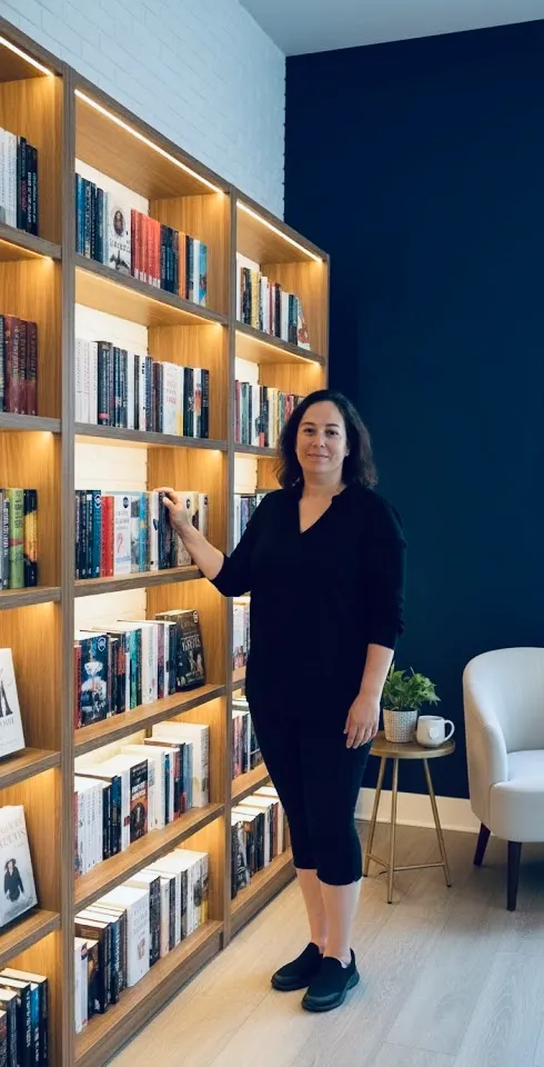 Mujer de pie junto a una estantería de libros bien iluminada en un ambiente moderno, sosteniendo un libro con una mano. La estantería contiene una variedad de títulos en un espacio acogedor y elegante.